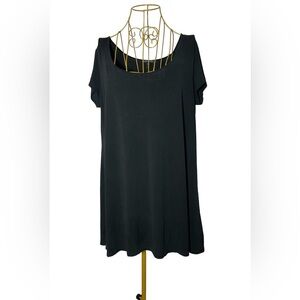 Eileen Fisher Silk Black Long Tunic Blouse with Short Sleeves, Size Large